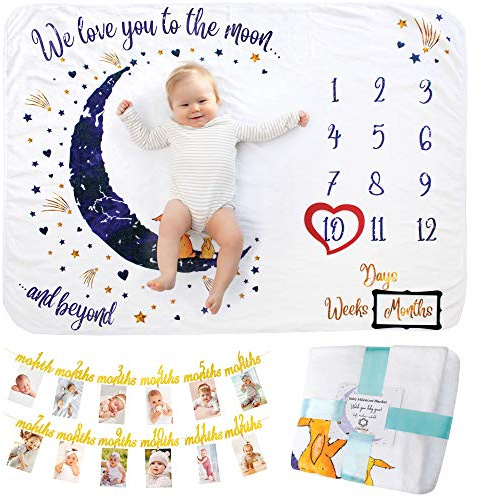 Baby Milestone Blanket With Birthday Banner | Monthly Photo Mat for Boy or Girl, Unisex | Age Mat | Personalised Baby Shower Present for New Mums | Moon & Stars Theme | Includes Year Banner