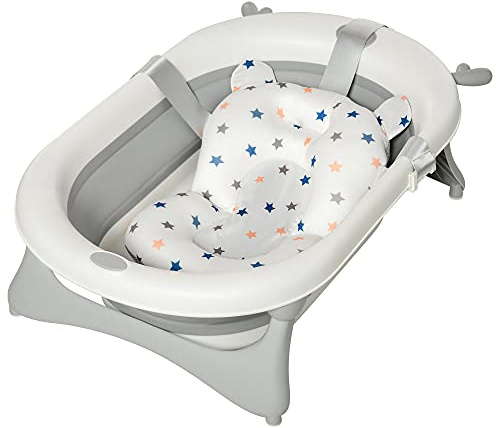 HOMCOM Foldable Baby Bathtub Set, Collapsible Bath Tub with Thermostatic Water Plug, Non-Slip Support, Cushion Pad, Drain Plugs, for Newborn to 3 Years - Offwhite