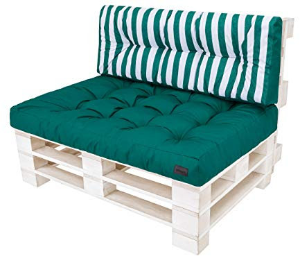 HOBBYGARDEN Palettenkissen Set (Sitzkissen 120x80 cm und Rückkissen 120x40 cm) Palettenauflagen Palettensofa Palettenpolster Outdoor - Grün mit Streifen