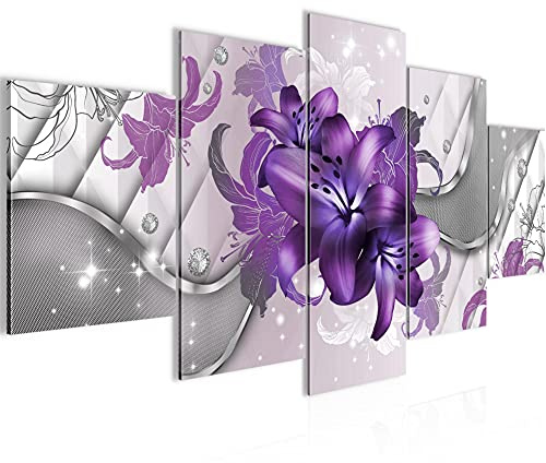 Runa Art - Bilder Blumen Lilien 200 x 100 cm 5 Teilig XXL Wanddekoration Design Violett Lila 016551c