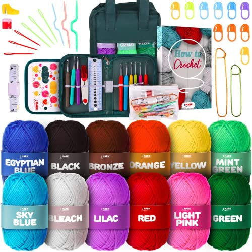 J MARK Häkelset mit Garnset - Premium Bundle inklusive Häkelnadeln, Acryl Häkelgarnbälle, Nadeln, Buch, Taschen und mehr - Anfänger und Profi Starter Pack für Erwachsene und Kinder