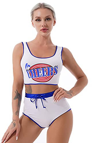 YQHWLKJ Damen Sexy Cheerleader Uniform Dessous Set Rollenspiel Kostüm Brief Print Tank Top Briefs Hot Pants-Blau,M