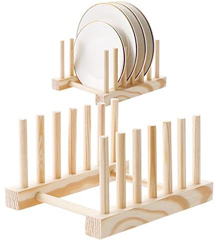 HonGien 2Stück Abtropfgestelle aus Holz Küche Geschirrständer Tellerständer Ständer Topfdeckelhalter Tablett Abtropffläche für Vorratsschüssel, Geschirr, Tassen, CD, Buch (6 Steckplätze)