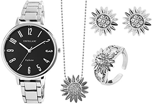 Excellanc Geschenkset-Damen Uhr Kette Ring Ohrstecker Strass 1800219 (silberfarbig schwarz)