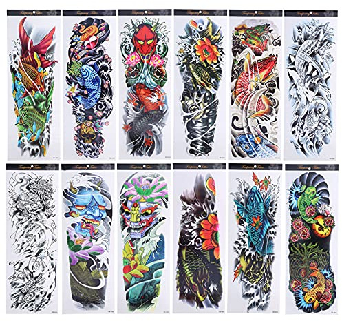 Temporary Tattoos 12 Sheets Colorful Full Arm Fake Tattoos Waterproof Temporary Tattoo Sticker For Men Women (170 X 480mm)