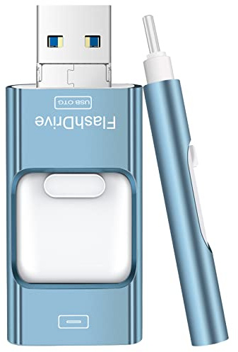 Flash Drive for iPhone 256GB, 4 in 1 USB Type C Memory Stick, Photo Stick External Storage Thumb Drive for iPhone iPad Android Computer, Sky Blue