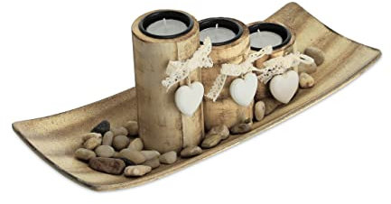 Relaxdays Teelichthalter, 3 Kerzenhalter mit Herz, Tablett & Steine, Tischdeko Wohnzimmer & Esszimmer, Kerzendeko, braun