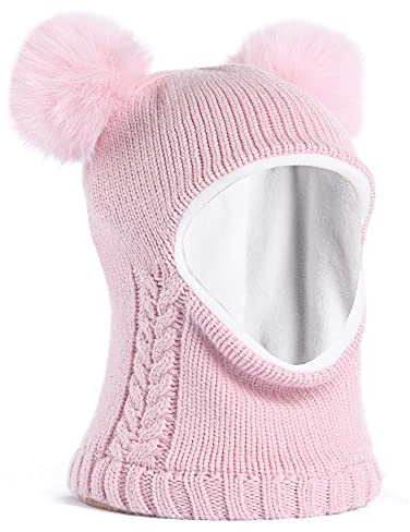 FURTALK Toddler Winter Hat Fleece Lined Baby Girls Boys Detachable Cute Pompom Hat Kids Warm Earflaps Winter Beanie Scarf Set Cold Weather Snow Cap, 6-24 Months, Pink
