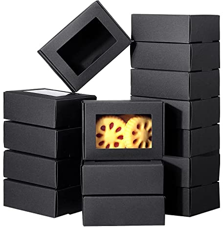 Cliettilw 50 StüCk Mini Kraftpapier Box mit Fenster, Geschenk Verpackung, Leckerli Box für Hausgemachte Seife, Leckereien, BäCkerei, SüßIgkeiten (Schwarz)