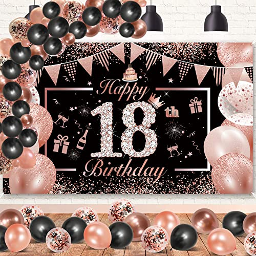 DJLLA Noir Or Rose 18 Ans Bannière Décoration de Fête Anniversaire, Latex Ballon Confetti Ballons Decoration Anniversaire 18 ans Toile Affiche Fond Photo Booth