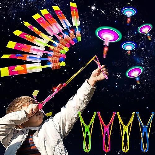Vibbang 16PCS Helicopter Slingshot Toy with LED Lights, Flying Toy Glow in the Dark, Slingshot Flying Copters Toy, Arrow Rocket Gift Game, Party Supplies and Party Bag Fillers for Adults (YQ-559)