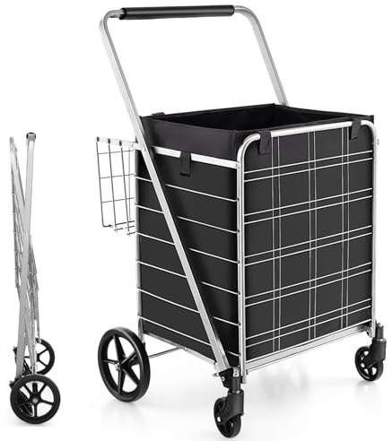 GiantexUK Folding Shopping Trolley on Wheels, Metal Grocery Cart with Extra Basket & Foam-wrapped Handle, Heavy-duty Utility Push/Pull Bag Cart for Laundry Supermarket Traveling (Black+Silver) | with Extra Basket & Foam-wrapped Handle, Heavy-duty Metal Utility Push/Pull Bag Cart for Laundry Supermarket Traveling