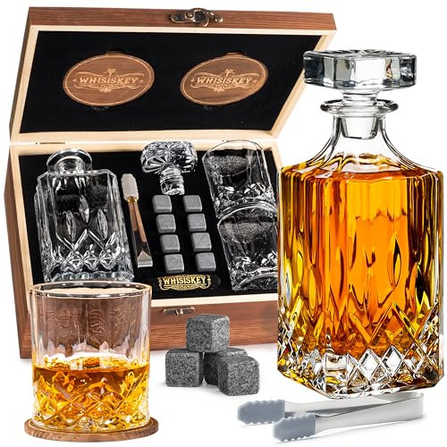 WHISISKEY Decanter per Whisky - Set Whisky Regalo - Idee Regalo Uomo Compleanno - Classica Decanter 700ML, Scatola Regalo, 2 Bicchieri da Whisky x 310ML, 8 Pietre di Whisky, Accessori