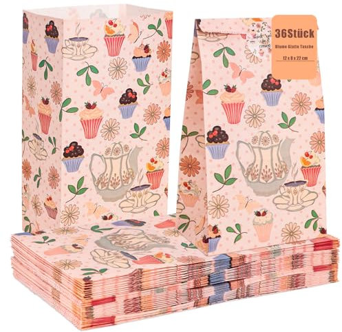 KOOGEL 36 Stück Geschenktüten mit Aufkleber, 12 x 8 x 22 cm Partytüten Papier Süßigkeitentüten zum Verpacken von Geschenken Giveaways Kindergeburtstag Hochzeit Party