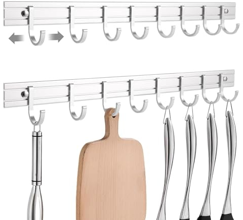 LDXDRU 2 Stück Küchen-Hakenleiste, selbstklebende Hängestange, 40 cm Küchenstange mit 8 beweglichen Haken ohne Bohren, Hakenleiste für Küchenutensilien