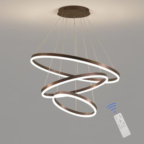 Sedtonmu LED Pendelleuchte 3 Ringe 80W Hängelampe Dimmbar mit Fernbedienung Esstisch Hängelampe Höhenverstellbar Kronleuchter Modern Aluminium Pendellampe für Schlafzimmer Wohnzimmer,Braun