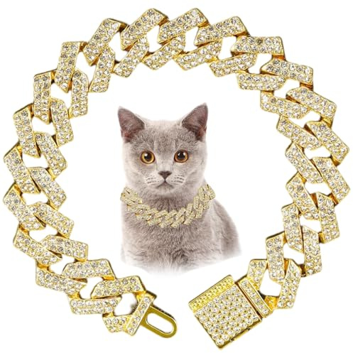 Gold Katzenkettenhalsband mit Diamant, Bling Strass Kubanische Gliederkette für Hunde, Glitzer Welpenhalskette Schmuck für kleine, mittlere und große Haustierhunde, 20,3 cm