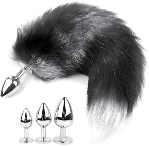 XoticPlay Grauer Tierschwanz Butt Plug mit Fuchsschwanz, Anal Plug, Flirtwerkzeug für Paare, Rollenspiele, Sexspielzeug für Frauen und Männer, Erotisches Geschenk (35mm Analplug)