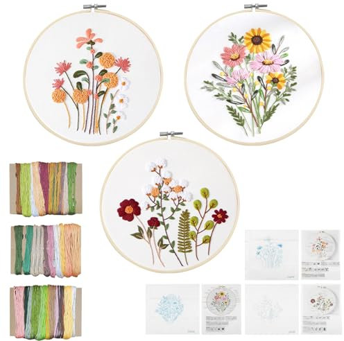 XWCHASA Kit de Bordado con Patrones e Instrucciones para Bordar, 3 Piezas con Motivo Floral, Kit Bordado Completo para Principiantes con Aguja, Hilo y Bastidor - Embroidery Kit