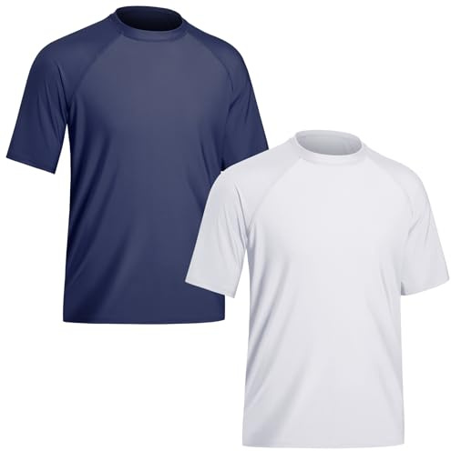TIZAX 2 Pièces T Shirt Anti UV pour Homme Maillot de Bain à Manche Courte UPF 50+ Rashguard Hauts Tee Shirt de Sport Séchage Rapide Blanc+Bleu Marine XL