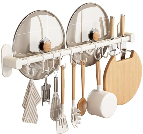 Yuehuamech Hanging Pot Rack Hanger Wall Mount Kitchen Rail Pot Lid Organizer No Drilling Pots and Pans Rack Utensil Storage Hanger with 6 Hooks for Kitchen Wall Rail