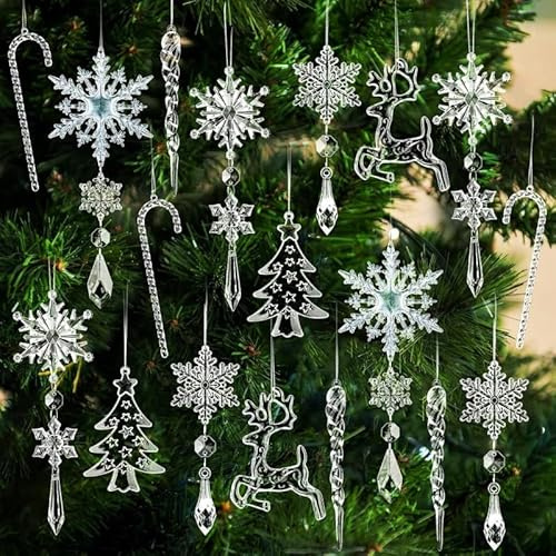 Wjelet 18PCS Christmas Tree Decorations,Clear Acrylic Crystal Christmas Hanging Decorations Include Snowflake, Icicle, Reindeer, Tree & Candy Cane Ornaments with Strings for Home Décor(clear1)