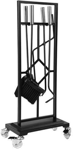 9pcs Fireplace Tool Set, Wrought Iron Fire Place Pit Poker Kit Holder, Large Wood Stove Burner Accessories with Black Heavy Duty Base with Four Wheel for Winter Indoor Outdoor Fireside Companion Stand
