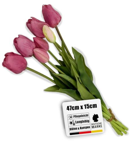 Botanic-Haus künstliches Tulpenbündel/künstlicher Tulpenbund Sandy lang mit 4 Tulpen und 3 Tulpenknospen Farbe: Mauve real Touch, erfrischende künstliche Blumen für Ihre Frühjahrsdeko