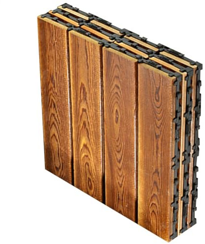 Wooden Deck Tiles | Carbonized Decking Boards | 12 X 12 Inch Non Slip Path Walkway Lawn Tiles, Interlocking Outdoor Flooring for Poolside