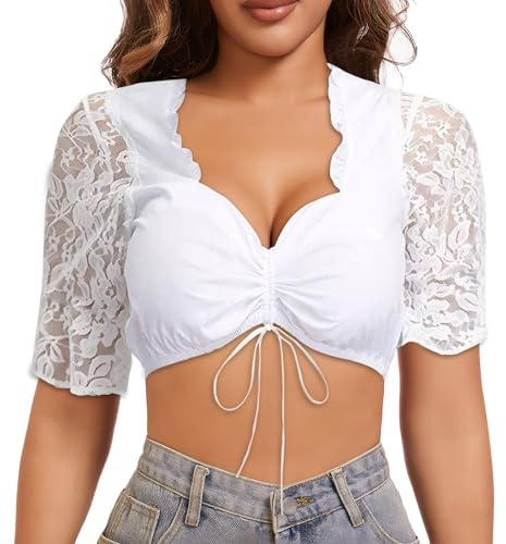 wlertcop Dirndlblusen für Damen, Dirndlbluse weiß, Dirndl Bluse Damen weiß, Kurzarm Dirndl Bluse Trachtenbluse für Oktoberfest(XXL)