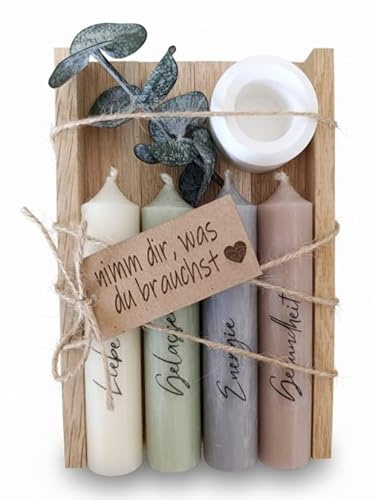 Kerzen Geschenkset Geburtstagsgeschenk für Frauen oder Freundin | nimm dir, was du brauchst | Mitbringsel | Kerzenhalter Holzkiste mit Kerzen Deko und Eukalyptus