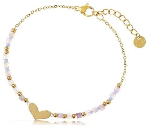 Made by Nami Pulsera de perlas para mujer, de acero inoxidable quirúrgico, color morado, 17 + 3 cm, resistente al agua e hipoalergénica, Anpassbar, Acero inoxidable, Amazonita