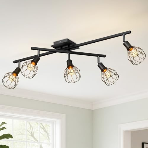LVWIT Ceiling Lights,Ceiling Spotlights,Industrial 5 Way Kitchen Lights Ceiling,Adjustable E14 Black Ceiling Spot Lights,Indoor Spot Light for Living Room Lights Ceilings(NO Bulbs)
