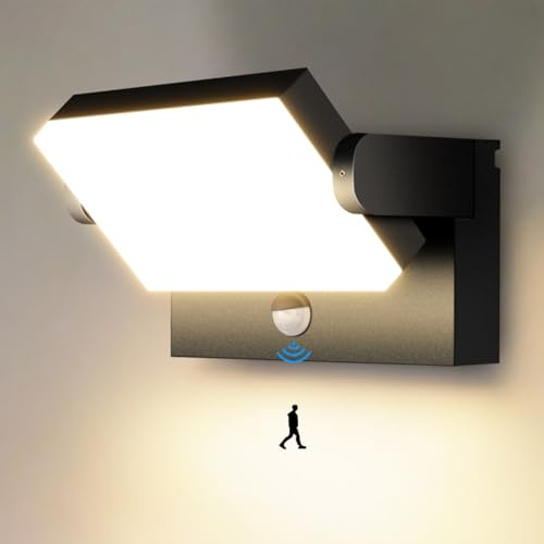 Kingwen 40W Applique Extérieure Rotative avec Détecteur de Mouvement, 3000K, Applique Extérieure LED Noire, Angle Ajustable 360°, IP65 Applique Extérieure Résistante