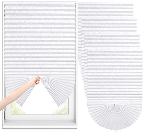 Sneulletoys No Drill Blinds for Windows,Temporary Patterned Blind,Easy Fit Self Adhesive Pleated Blinds Crop According to Size,Stick on Blind for Kitchen Bathroom Bedroom (White, 60W x 150H cm)