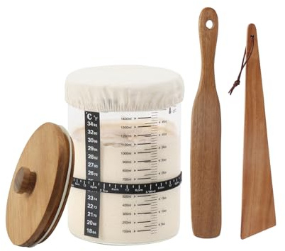 Set Barattolo per Lievito Madre, 1500ml con Coperchio in Legno,Termometro Adesivo e 2 Coltelli di Legno - Ideale per Panificazione Casalinga