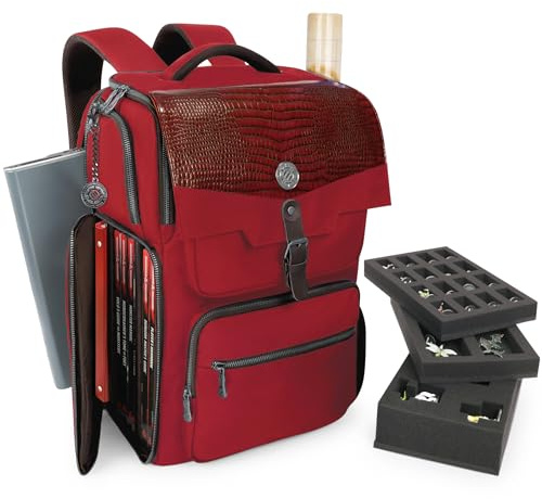 ENHANCE Collector’s Edition DnD Rucksack - RPG DM Tasche für Dungeons & Dragons - DnD Tasche für 6-8 Bücher, 18 Laptop/DM Bildschirmfach, Miniaturen Schaum, Zubehörtaschen, Kartenriemen (Drachen Rot)