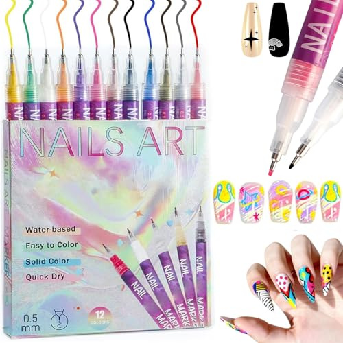 12 Colori Pennelli Unghie Gel Completo, DIY kit Penne Smalto Semipermanente Unghie, 3D Nail Art Gel Liner Unghie Finte per Casa, Salone, Asciugatura Rapida, Regalo per Ragazze (B)