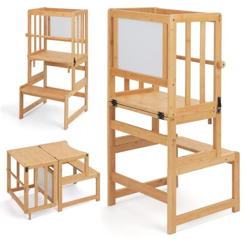 COSYLAND Torre Montessoriana Bambini 3 in 1 con Lavagna Bianca – torretta montessoriana convertibile in Tavolino per Disegno e Attività (Naturale Classico)