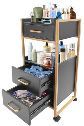 chennnls Carro de peluquería con 3 cajones y 2 Niveles, Carrito de Almacenamiento Enrollable para Barber Shop, Dorado y Negro, 36 x 32 x 87 cm