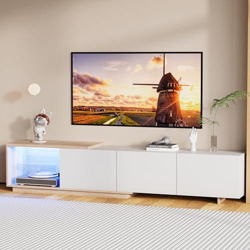 BursDany Meuble TV Extensible 163-240cm – Armoire Basse Moderne avec 3 Tiroirs et LED, Table Television Salon pour TV jusqu'à 65 Pouces, Blanc