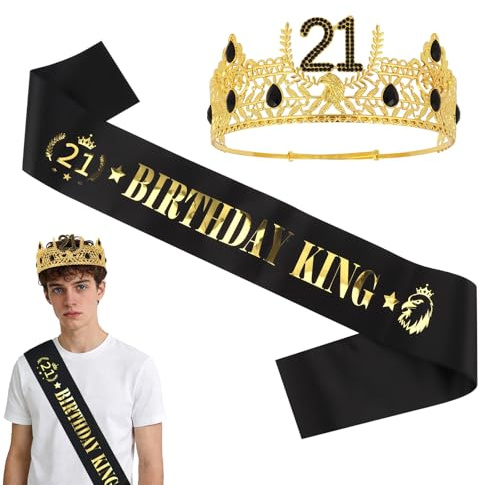 Padorul 21st Birthday Crown & Sash Set, Gold Crown for Men, Party Decoration, King Costume Accessory