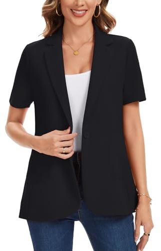 Kyzoeyou - Blazer da donna a manica corta, leggero, con colletto a revers, un bottone, giacche formali per il business, casual, per il lavoro, B-nero, XXL