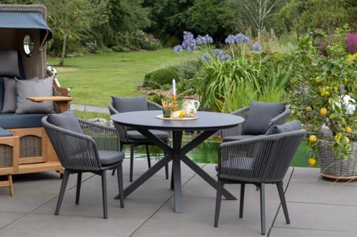 MR. DEKO Gartenmöbelset | Diningsessel Cadiz und Tisch Malaga 120cm | Keramik Esstischgruppe Rund | Outdoor-Sitzgruppe Terrasse 5-Teilig | Gartenmöbel-Set wetterfest | Balkonmöbel Modern