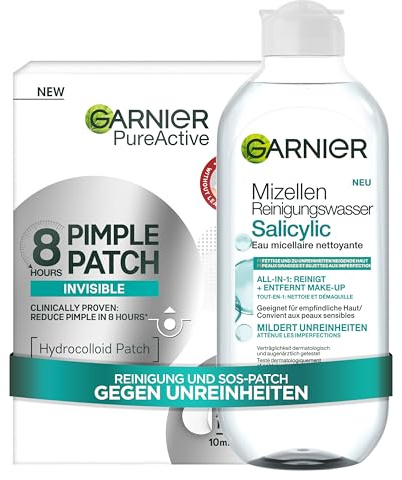 Garnier Hautklar Reinigungs- & SOS-Set – Mizellen Reinigungswasser Salicylic & 8H Invisible Pimple Patches (44x) – Mattierende Reinigung & punktuelle Hilfe gegen Pickel – Mit Salicylsäure – 2-teilig
