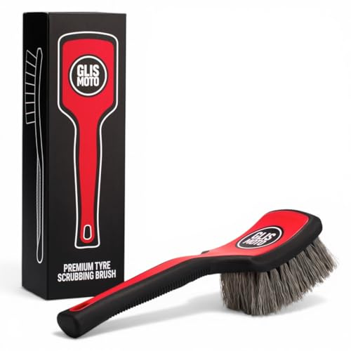 Glismoto Premium Rubberised Tyre Scrubbing Brush – Heavy Duty PP Bristles, Non-Slip Ergonomic Handle, Scratch-Safe Rubber Edge – Professional Car Tyre Cleaning Brush