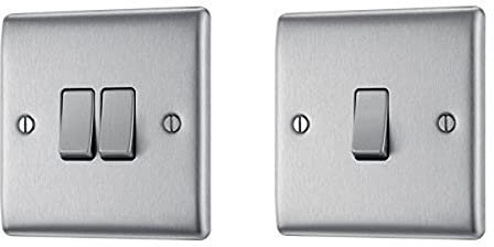 BG Electrical NBS42 10 A 2-Gang 2-Way Metal Brushed Steel Light Switch, Brushed Steel + NBS12 10 A 1-Gang 2-Way Metal Brushed Steel Light Switch, Brushed Steel