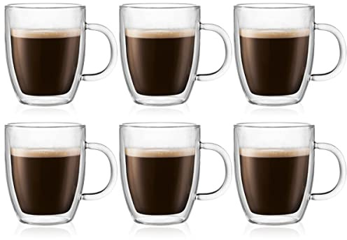 Bodum 10oz Bistro Double Wall Insulated Mug, High-Heat Borosilicate Glass, Set of 6, Clear