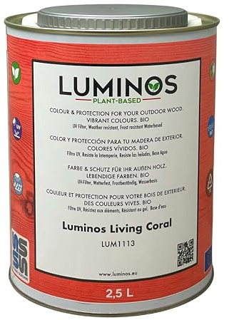 Luminos LUM1113 - LIVING CORAL - Holzlasur Außen - Biopolymer-Wasserbasis Lasur für Holz, UV-Schutz und Wetterfest - Pink Coral 2.5L
