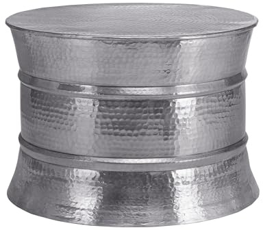 WOMO-DESIGN Couchtisch rund Ø 62x33 cm, Silber, Drum, Unikat, handgefertigt aus Aluminium, Hammerschlag Design, Metall Sofatisch, Wohnzimmer Beistelltisch, Flacher Wohnzimmertisch, Orient Loungetisch